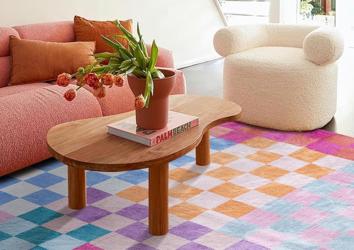 Size 8x10 Color Multicolored Checkerboard Washable Rug 8x10 Ultra Thin Retro Aesthetic Funky Area Rugs Carpet for Living Dining Room Bedroom Kitchen Office Dorm, Colorful Checkered Modern Geometric Carpet